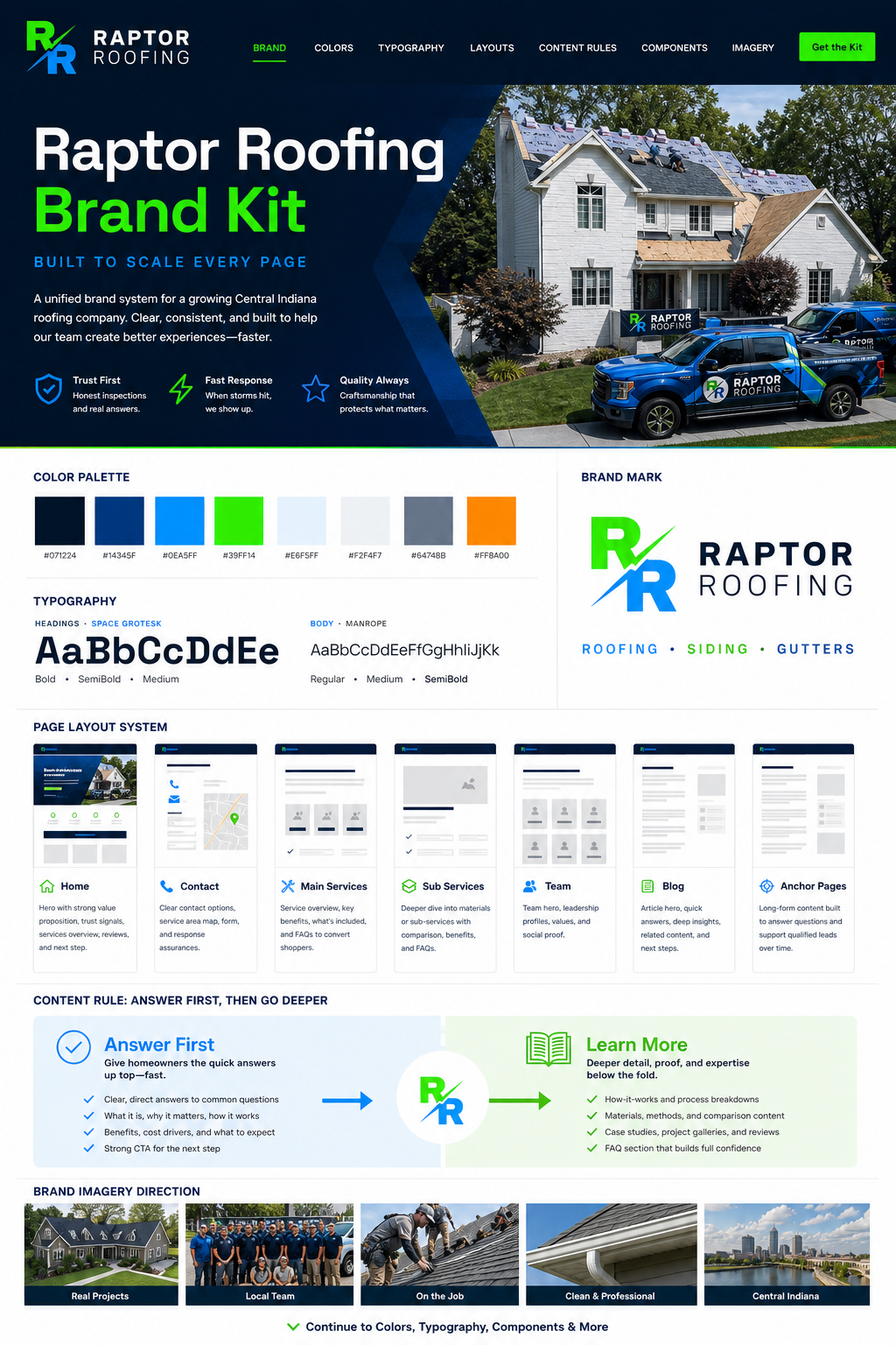 Raptor Roofing Brand Kit concept showing colors, typography, page layouts, and content rules